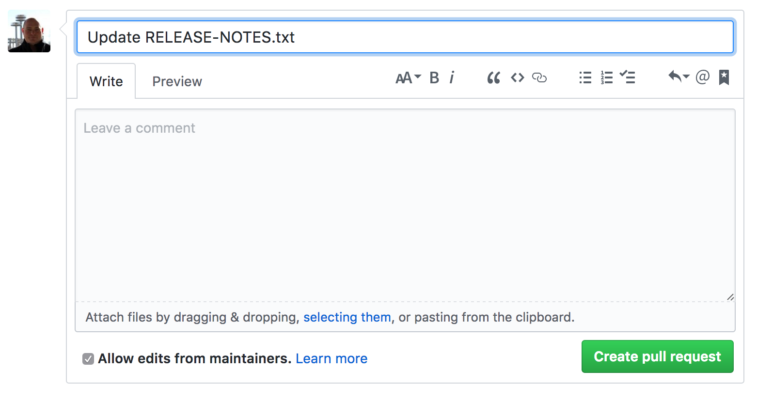 Create pull request screen