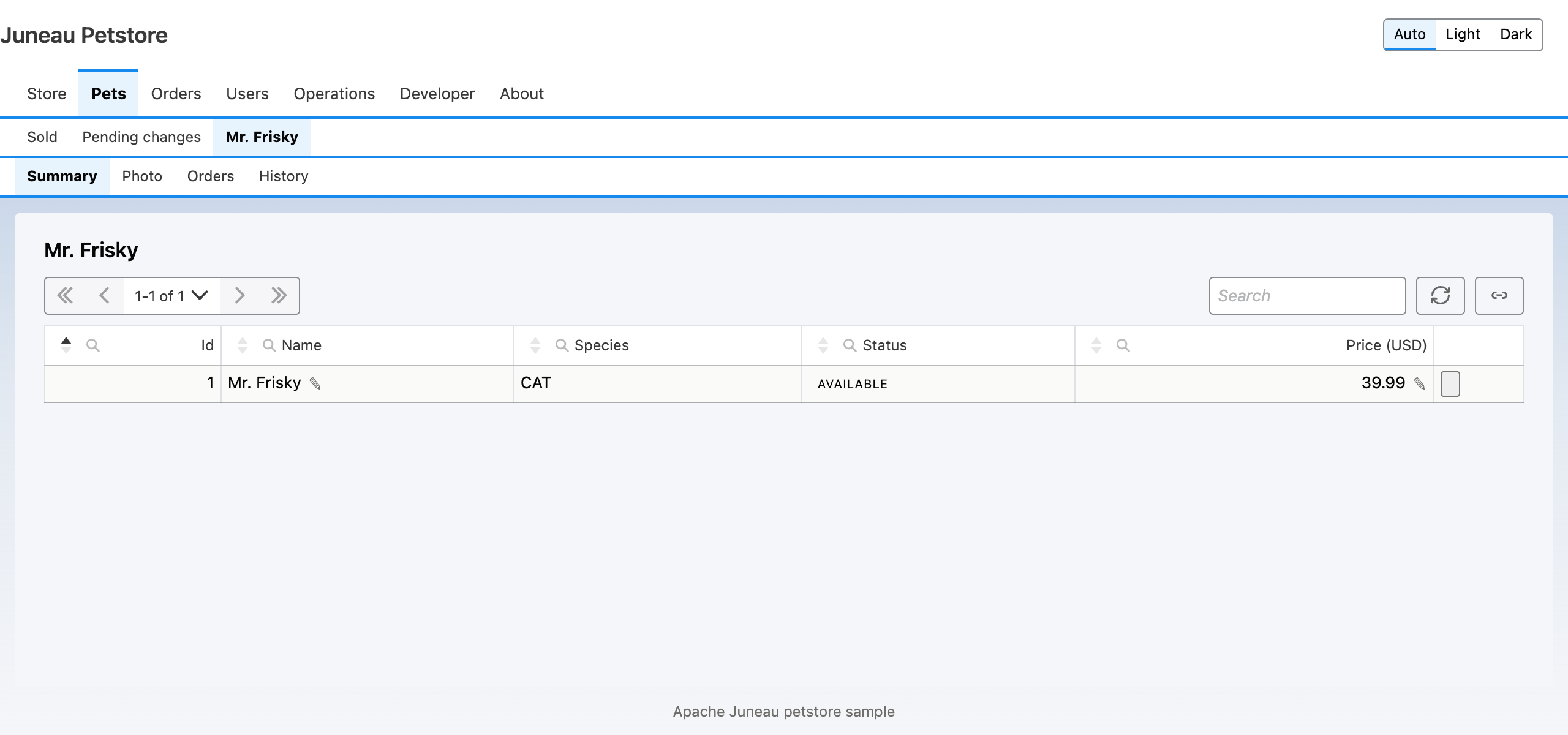 The summary tab of pet 1, with its Summary, Photo, Orders and History subtabs