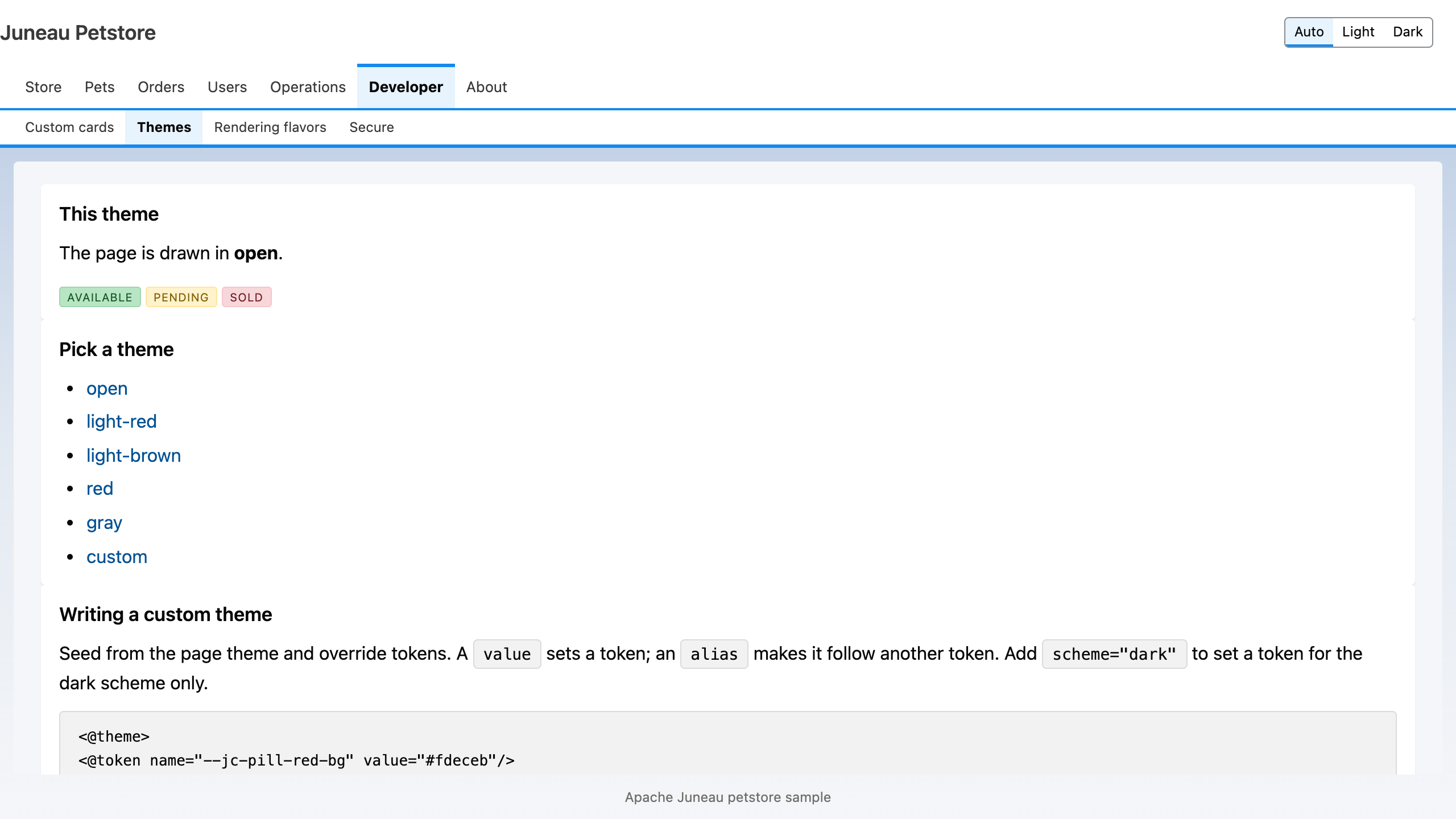 The themes page in the open theme