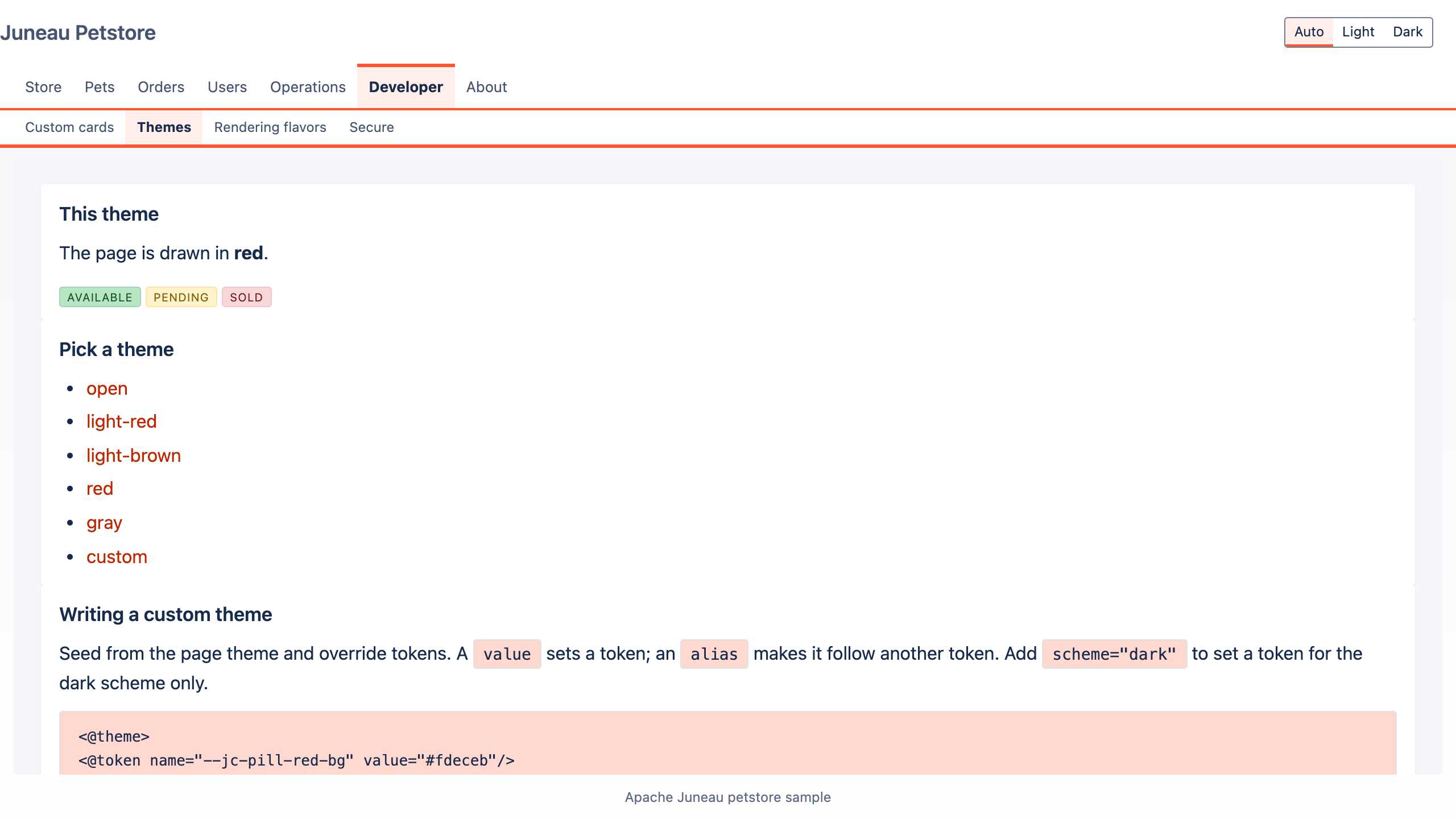 The themes page in the red theme