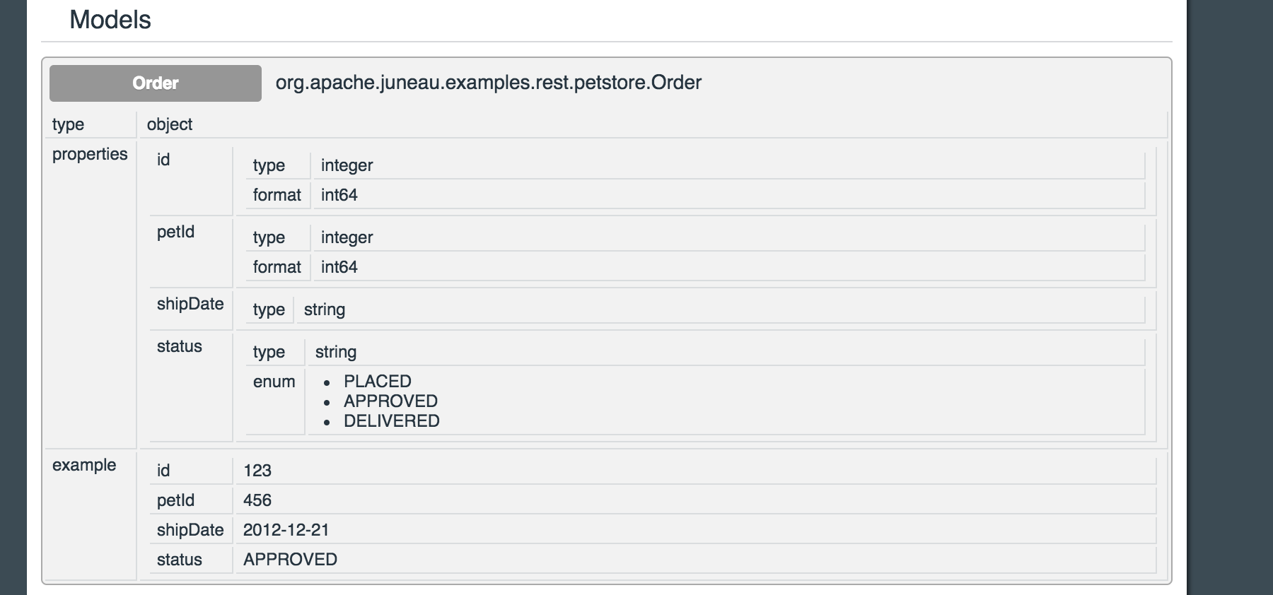 Models section with Order bean expanded